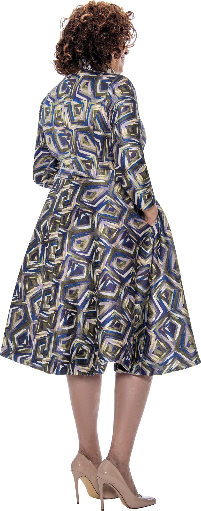 Dorinda Clark Cole 309111 Zip Up Jacquard Dress with Sash Belt