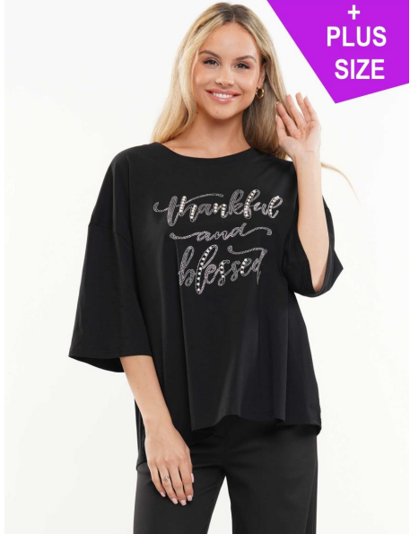 WHY TB23036 Plus Size Thankful & Blessed Top