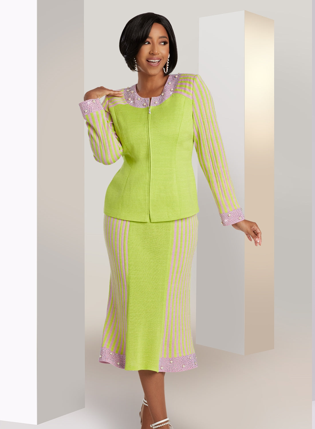 Donna Vinci 13400 Stripe Zip Up Knit Skirt Suit