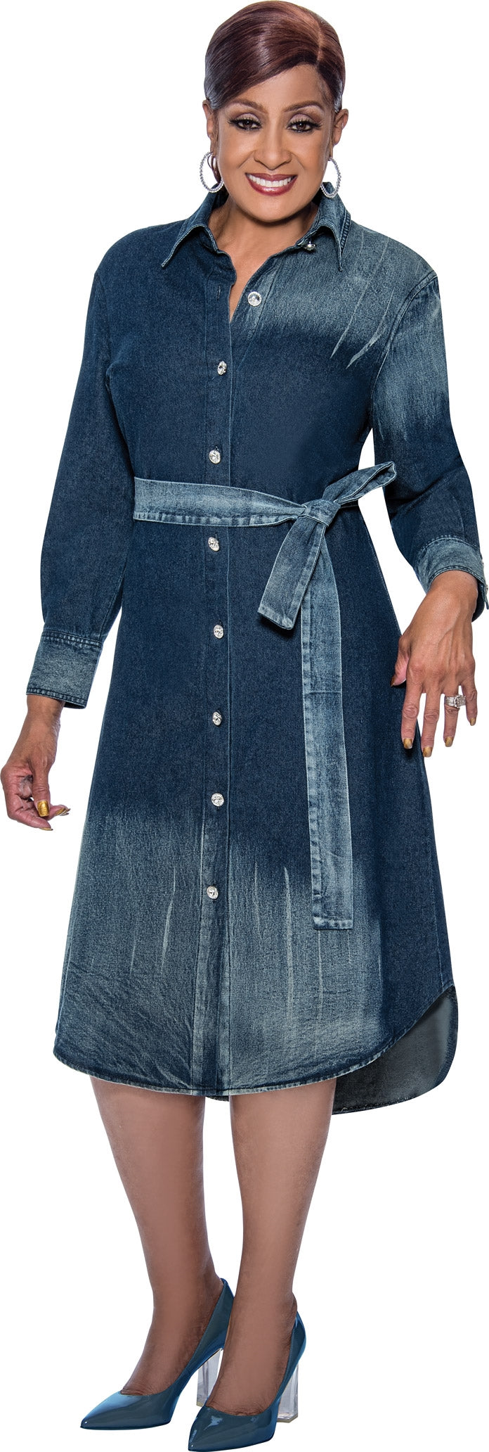 Dorinda Clark Cole 4981W Belted Denim PlusSize Dress