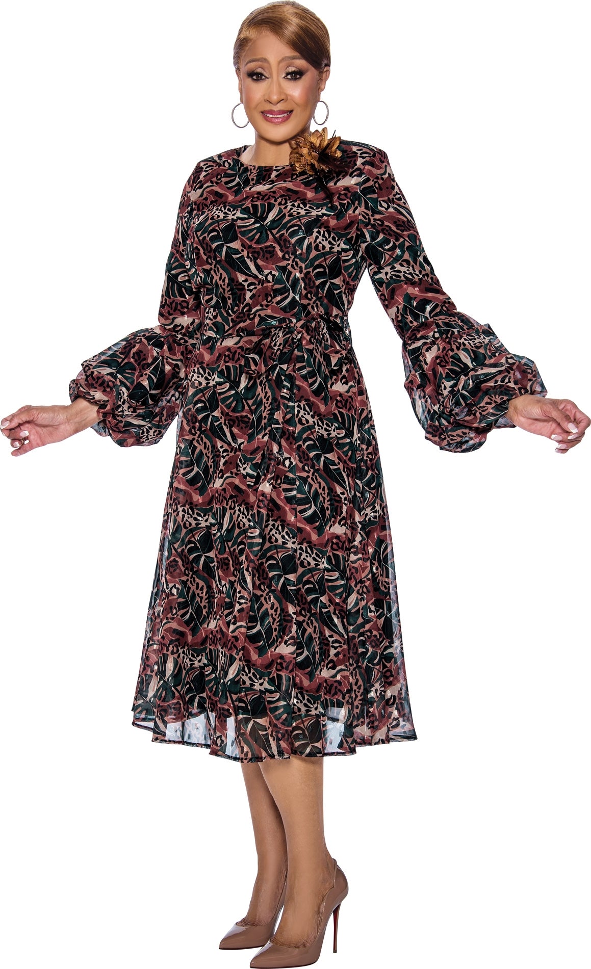 Dorinda Clark Cole 5081 Sheer Print Overlay Dress