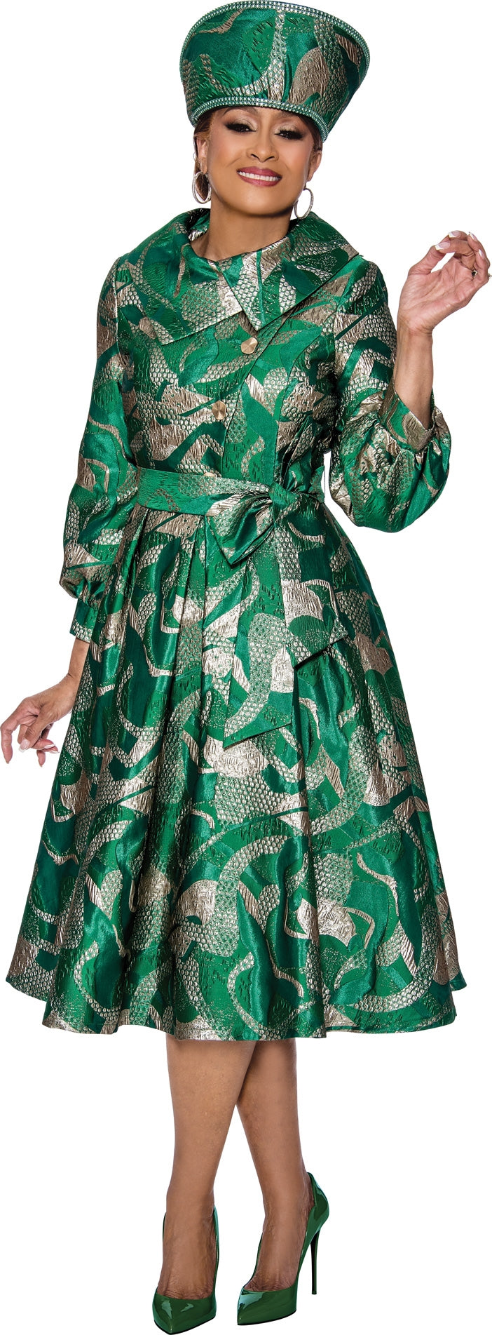 Dorinda Clark Cole 5111W Jacquard Print Tie Waist PlusSize Dress