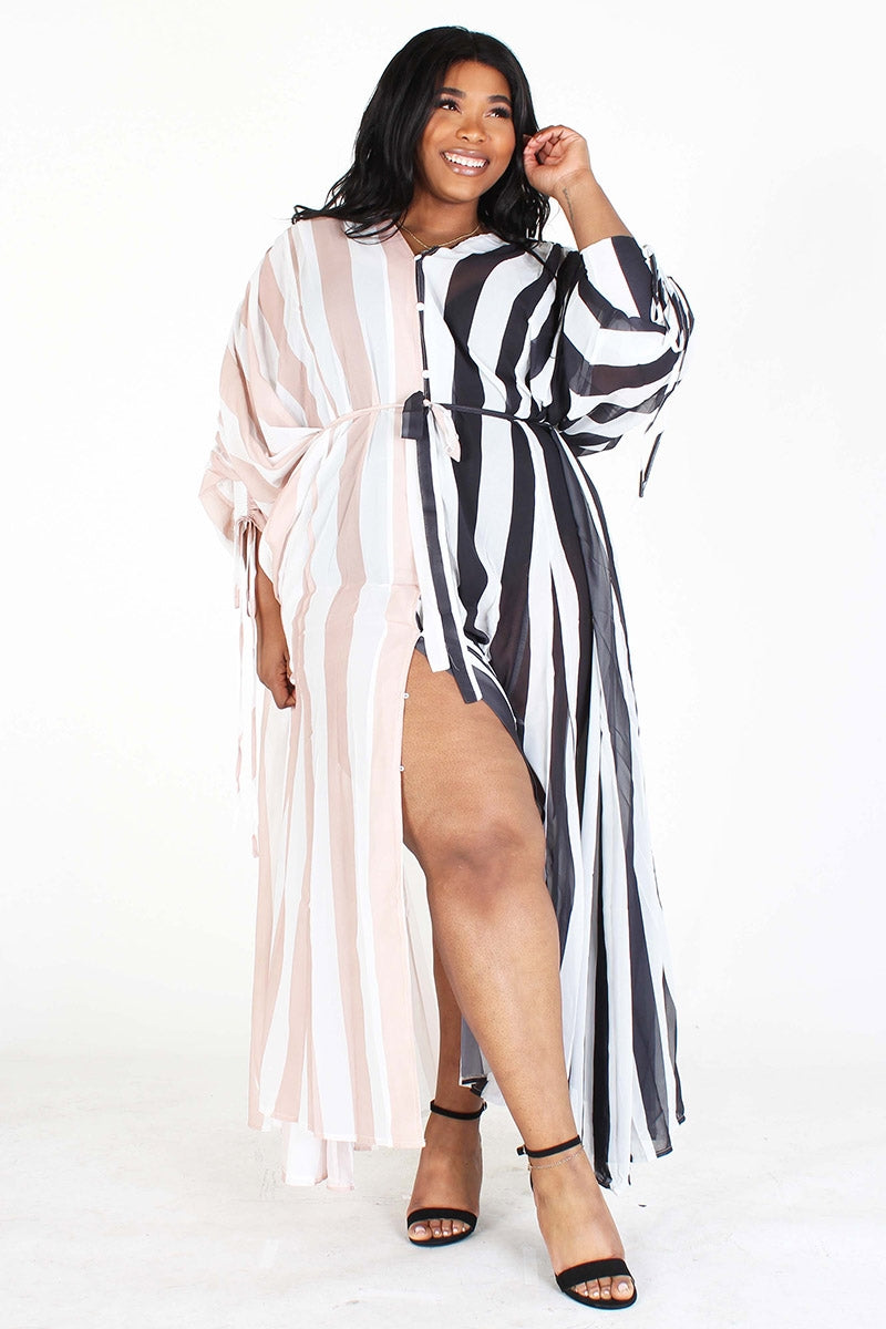 Eien EI1511X Sheer Striped PlusSize Duster Dress