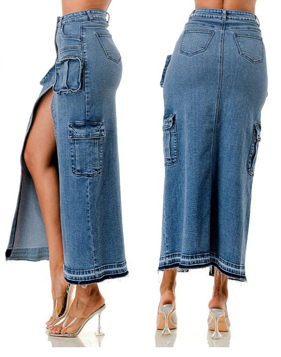 Highlight HM718 Stretch Denim Cargo High Split Skirt