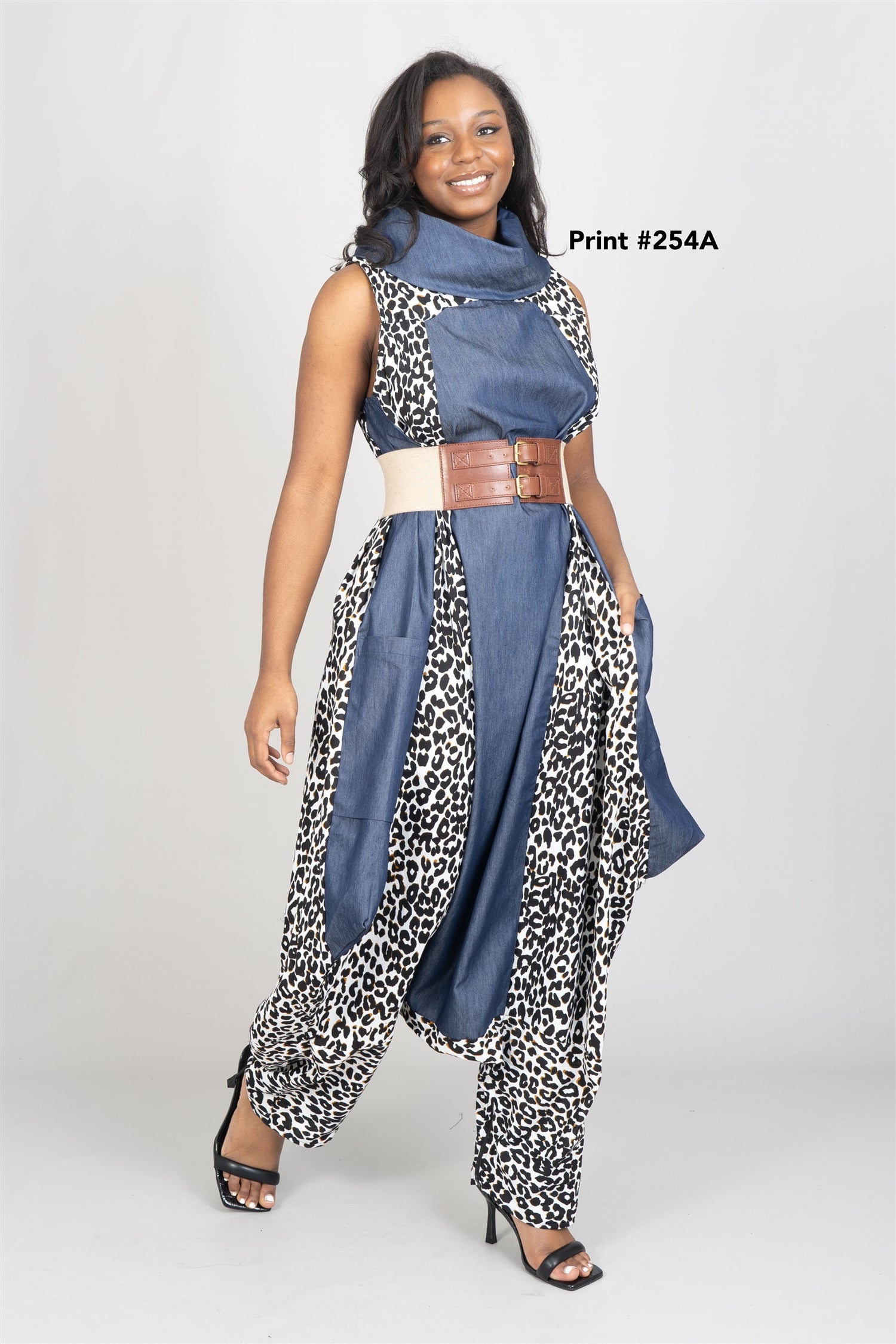 KaraChic 7702 Authentic African Print and Denim Panel Convertible Dress Jumpsuit