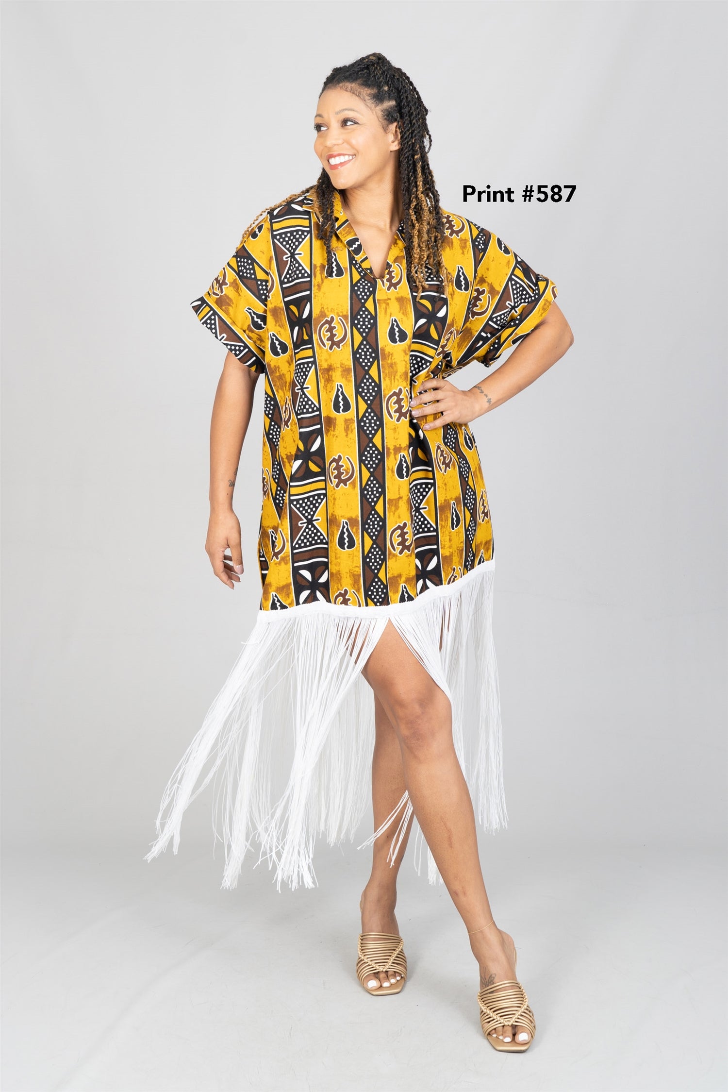 KaraChic 7790 Authentic African Print Fringe Trim Top