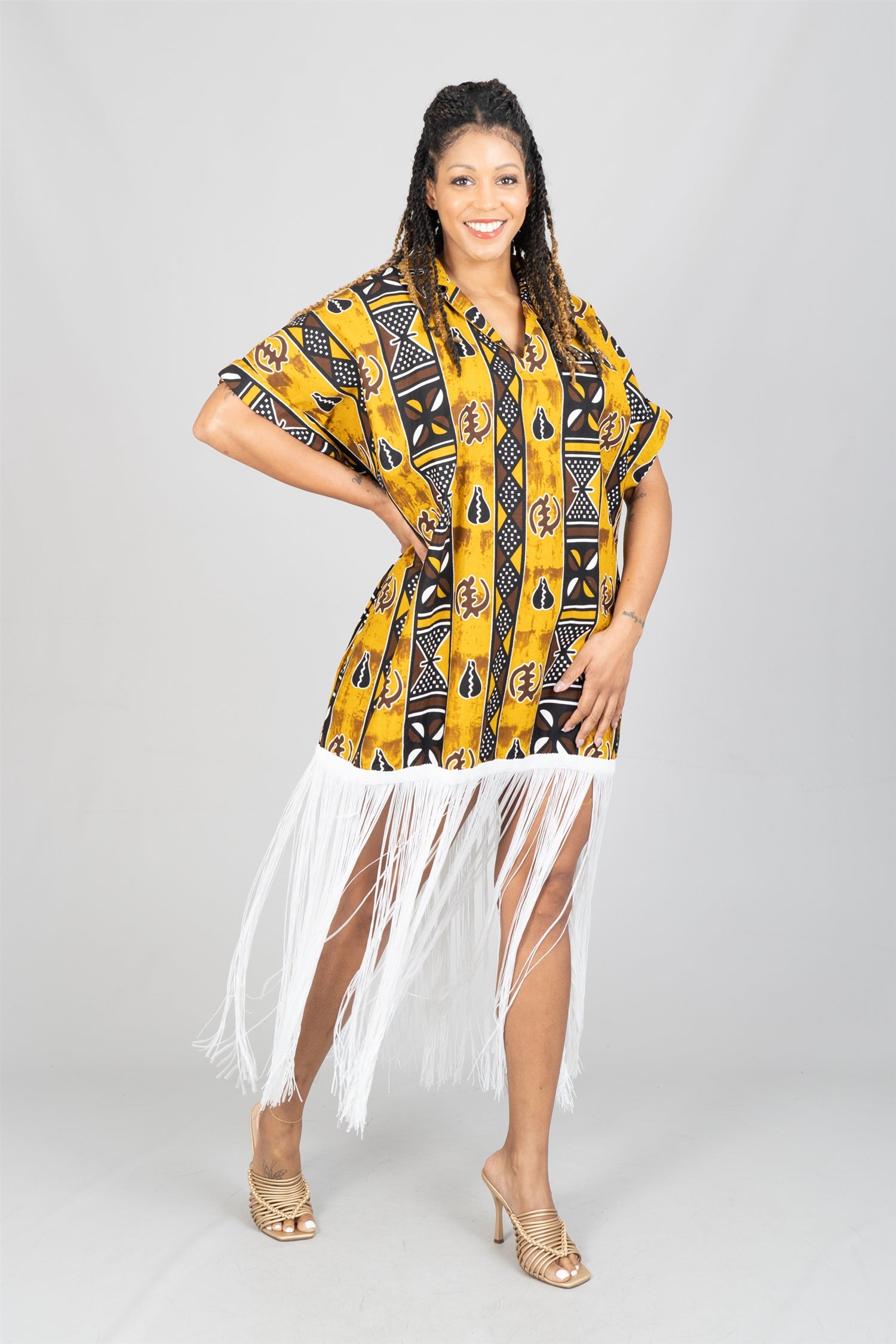 KaraChic 7790 Authentic African Print Fringe Trim Top