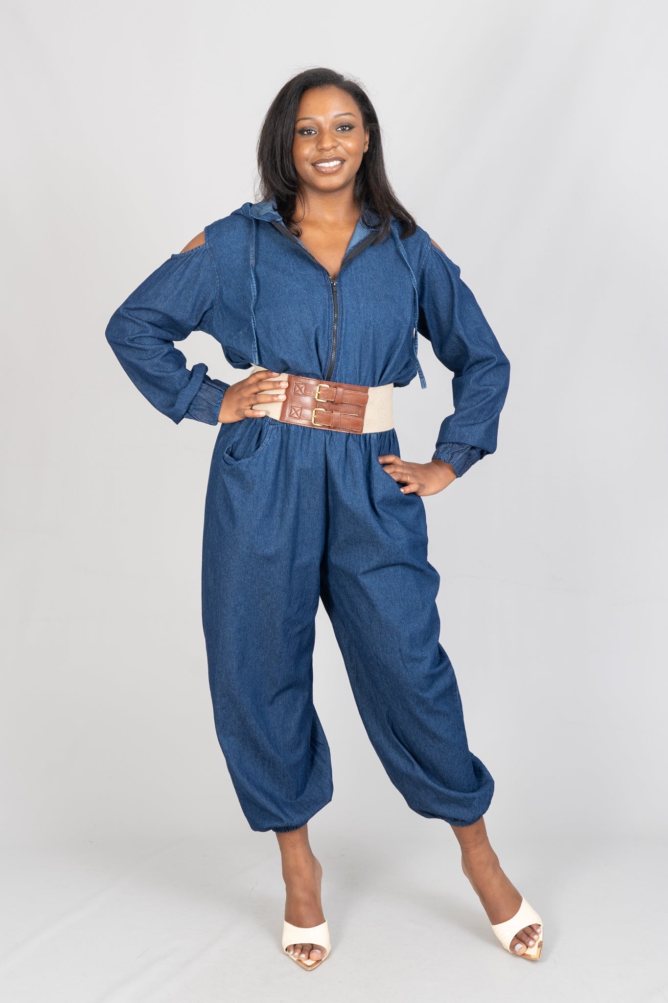 KaraChic 7791D Cold-shoulder Hooded Denim Jumpsuit