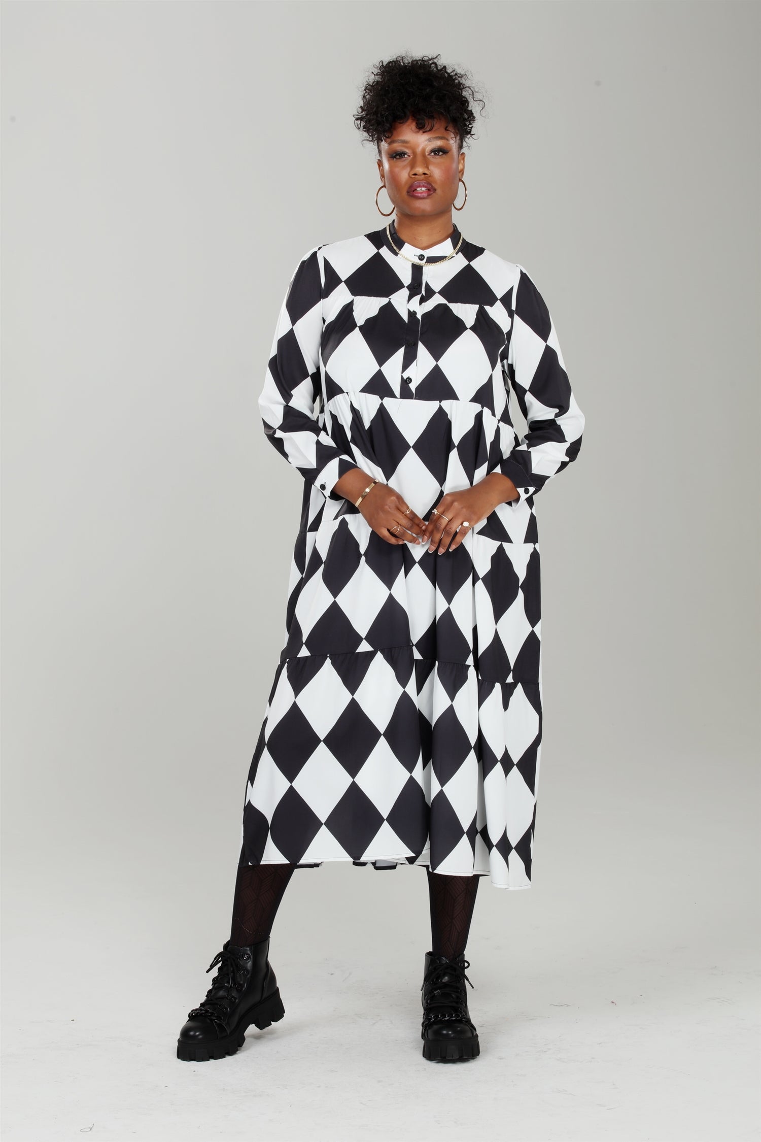 Luxe Moda LM217 Checker Print Tiered Button-front Dress