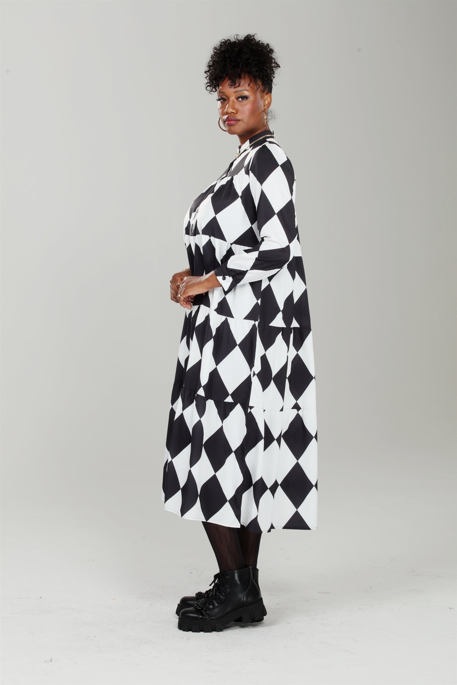 Luxe Moda LM217 Checker Print Tiered Button-front Dress