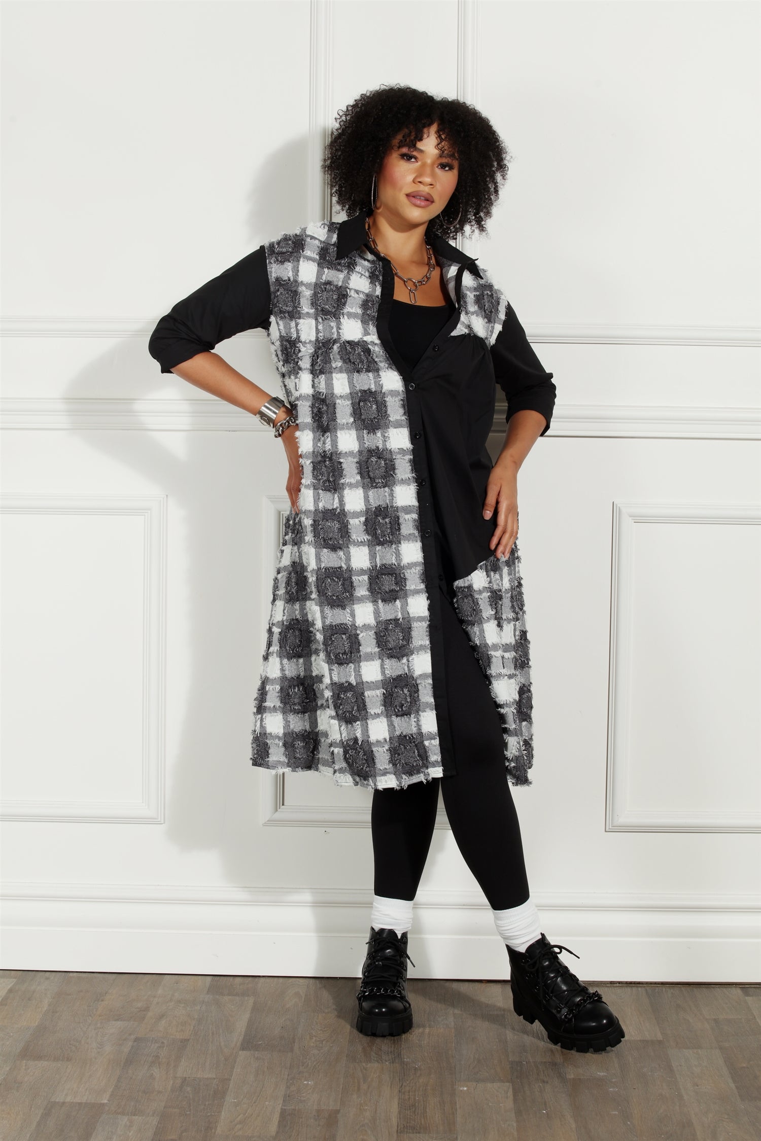 Luxe Moda LM228 Frayed Checker Print Button-front Dress